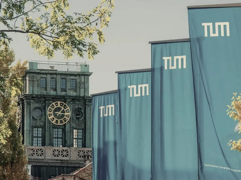 Uhrturm der Technischen Universität München mit TUM-Fahnen